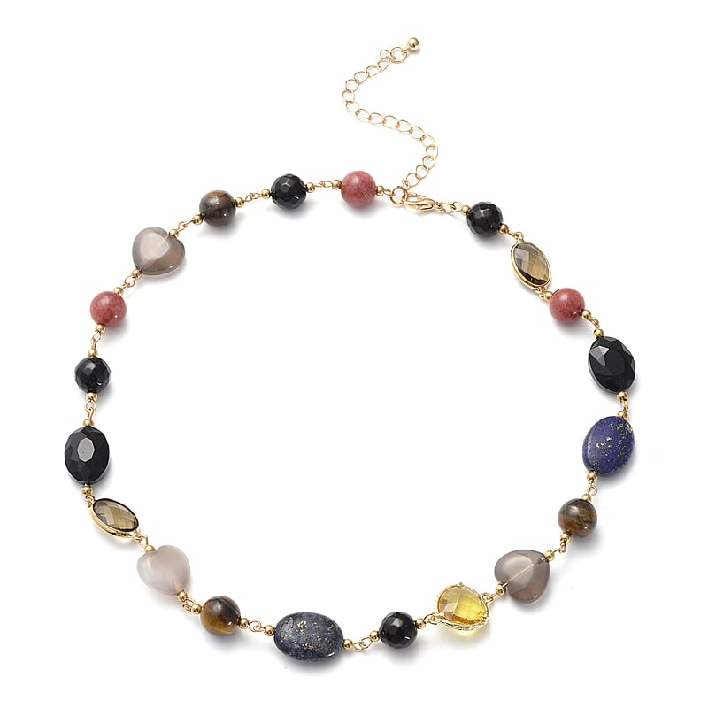 Multi Gemstone, Simulated Multi Color Glass and Resin Station Necklace in Goldtone 17.5-20.5 Inche