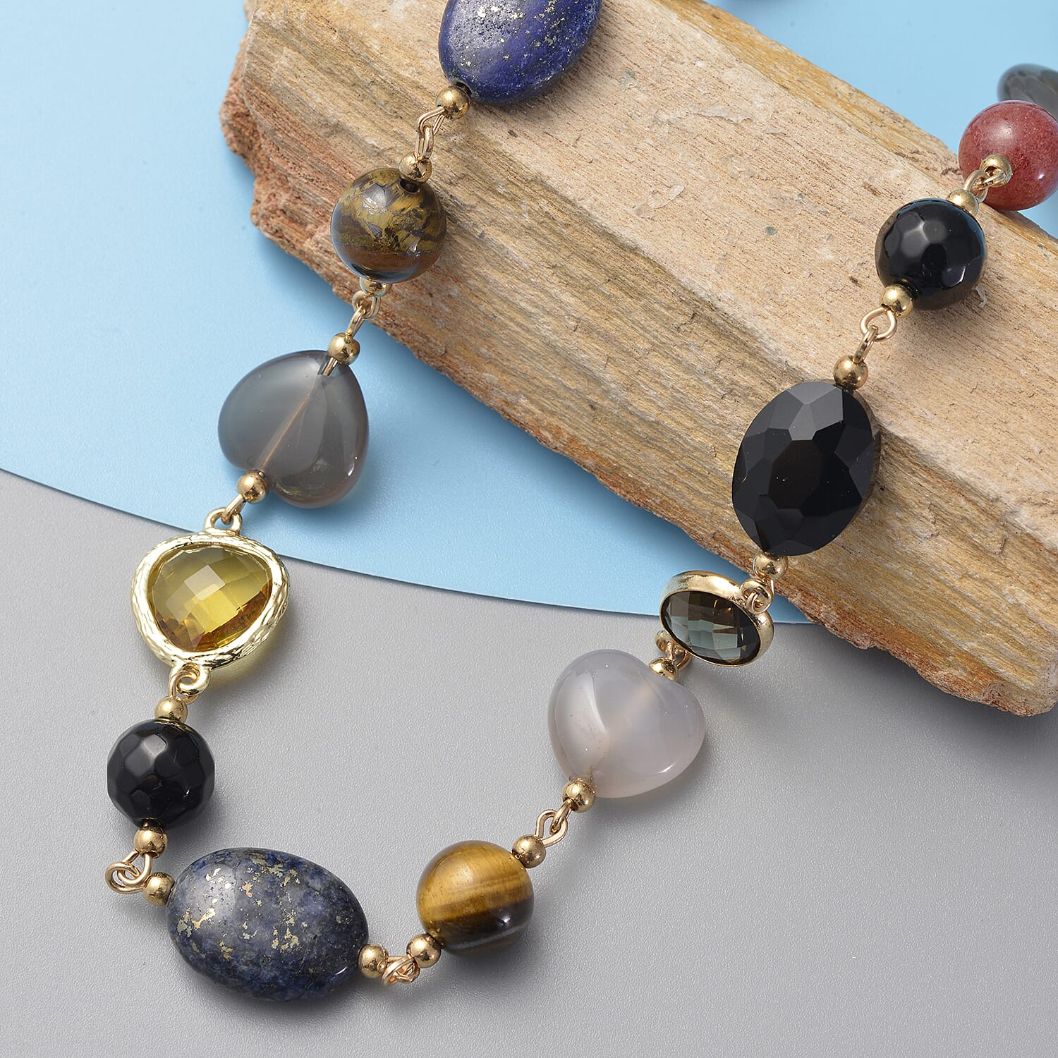 Multi Gemstone, Simulated Multi Color Glass and Resin Station Necklace in Goldtone 17.5-20.5 Inche