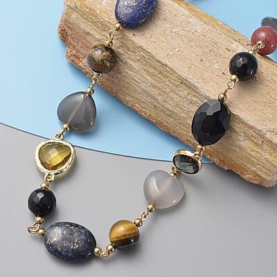 Multi Gemstone, Simulated Multi Color Glass and Resin Station Necklace in Goldtone 17.5-20.5 Inche