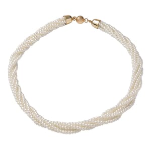 Simulated White Pearl Multi Row Twisted Necklace in Goldtone 23 Inches