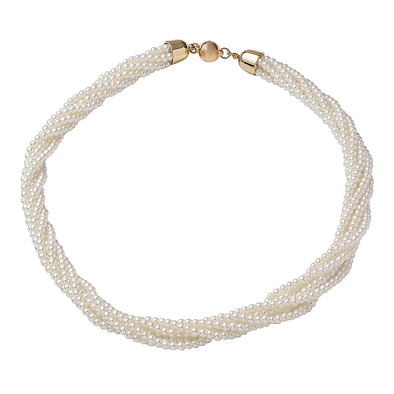 Simulated White Pearl Multi Row Twisted Necklace in Goldtone 23 Inches