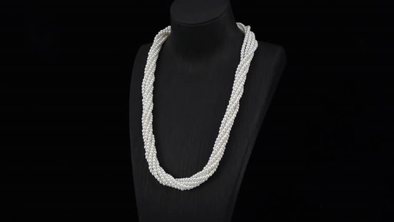 Simulated White Pearl Multi Row Twisted Necklace in Goldtone 23 Inches