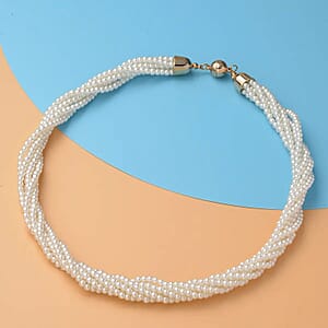 Simulated White Pearl Multi Row Twisted Necklace in Goldtone 23 Inches