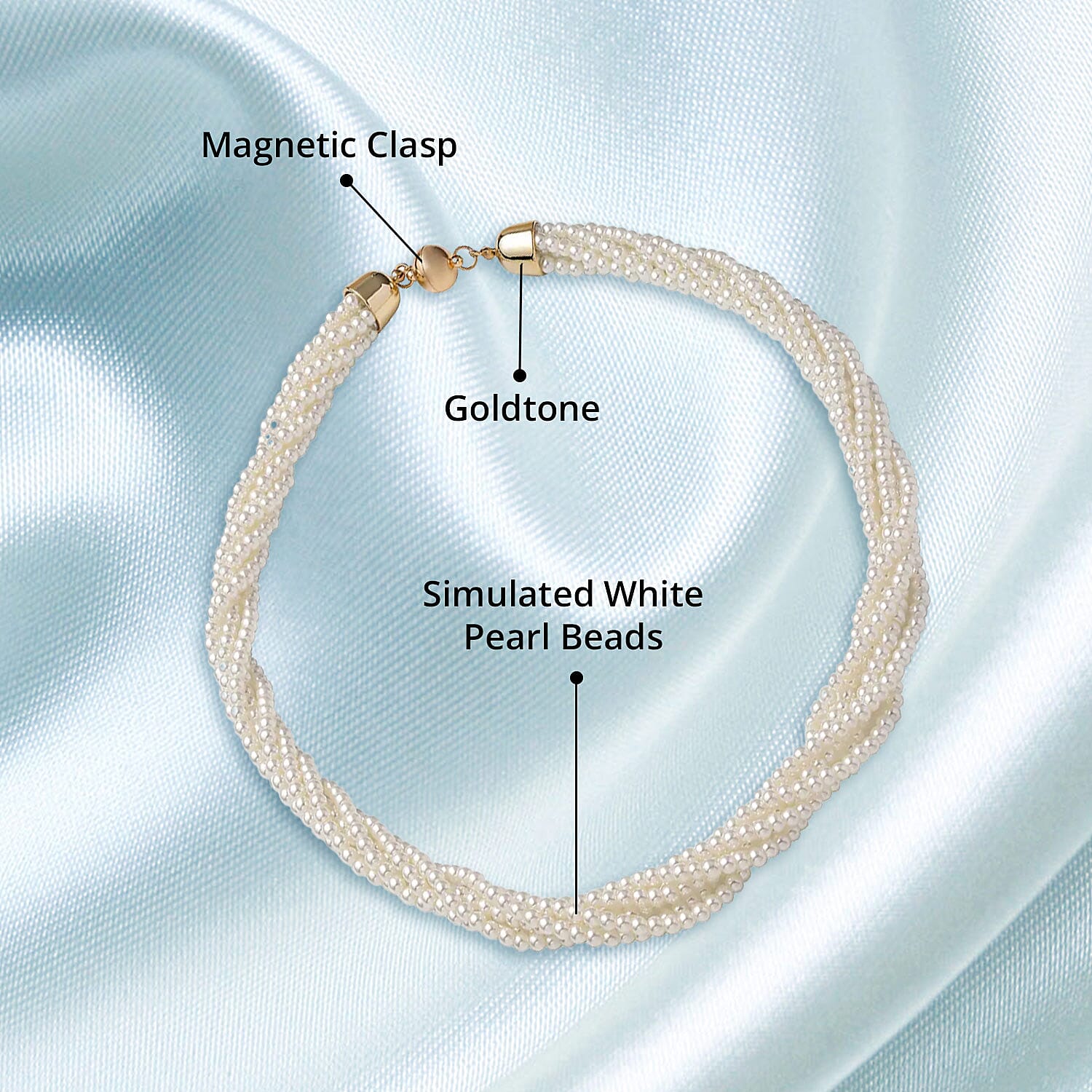 Simulated White Pearl Multi Row Twisted Necklace in Goldtone 23 Inches
