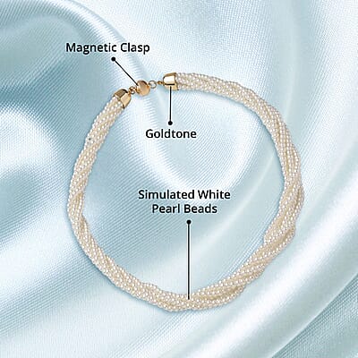 Simulated White Pearl Multi Row Twisted Necklace in Goldtone 23 Inches