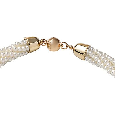 Simulated White Pearl Multi Row Twisted Necklace in Goldtone 23 Inches