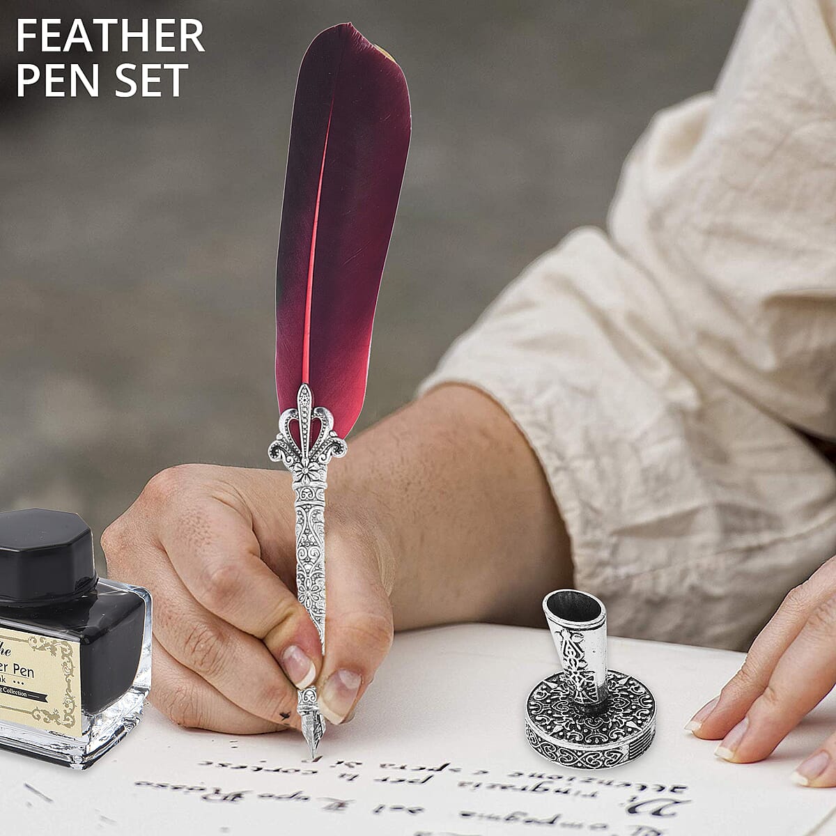 Antique Feather Pen Set- Wine Red (Feather Pen, Pen Holder, 5 Extra Nibs and 15ml Black Ink Bottle) image number 1