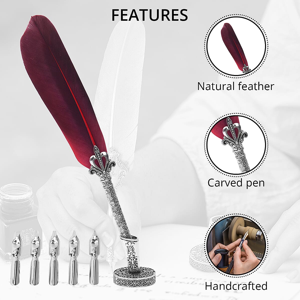Antique Feather Pen Set- Wine Red (Feather Pen, Pen Holder, 5 Extra Nibs and 15ml Black Ink Bottle) image number 2