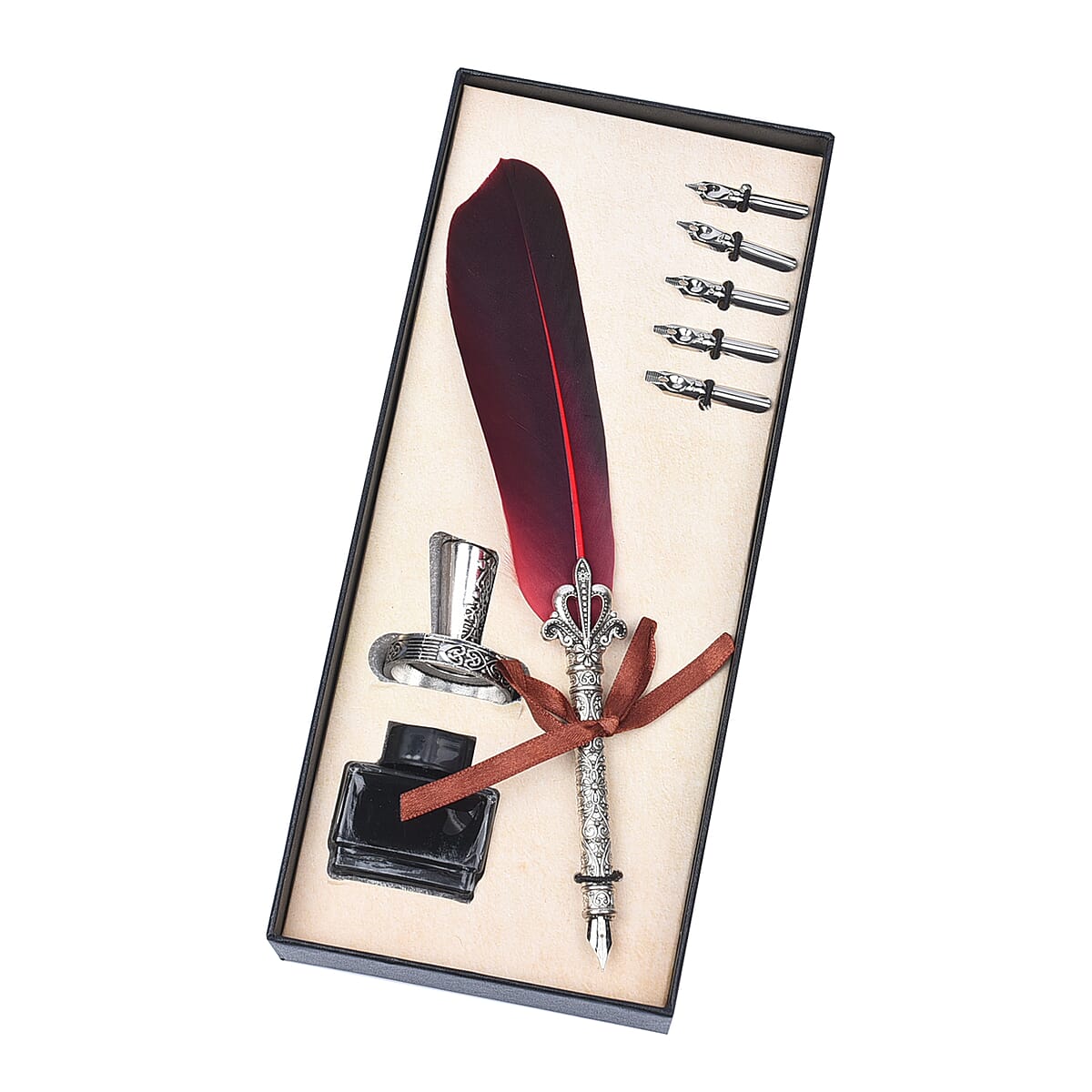 Antique Feather Pen Set- Wine Red (Feather Pen, Pen Holder, 5 Extra Nibs and 15ml Black Ink Bottle) image number 6