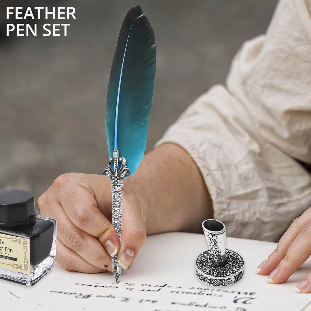 Brown Antique Pen Set: Includeed Feather Pen, Pen Holder, 5 Extra Nibs and 15ml Black Ink Bottle image number 1