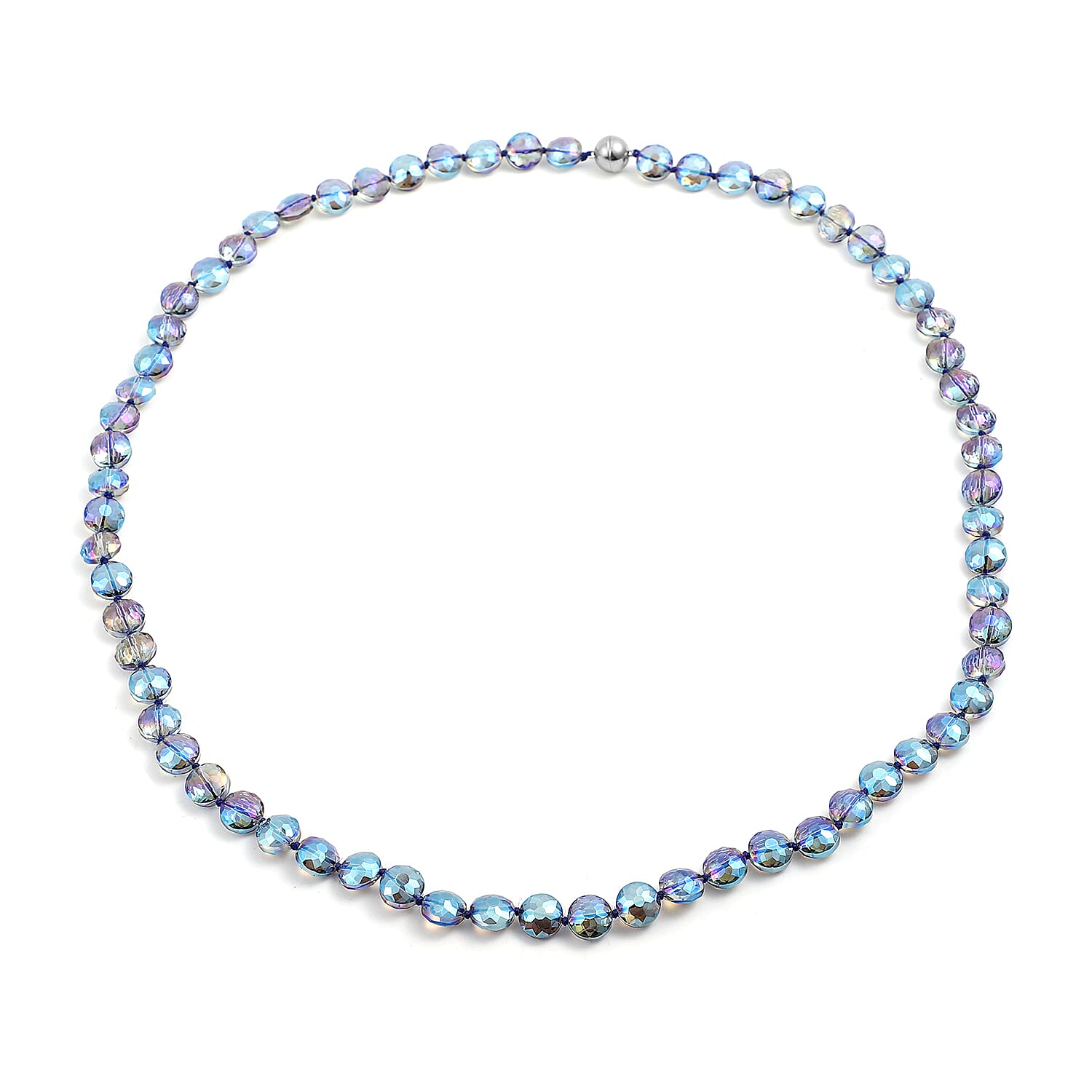Simulated Blue Magic Color Topaz Beaded Necklace 36 Inches in Silvertone