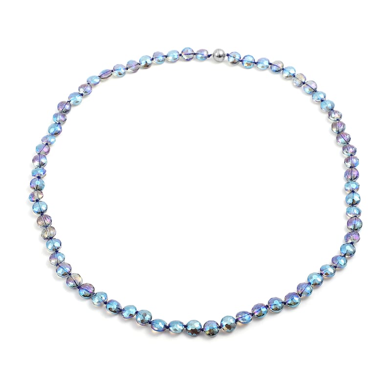 Simulated Blue Magic Color Topaz Beaded Necklace 36 Inches in Silvertone