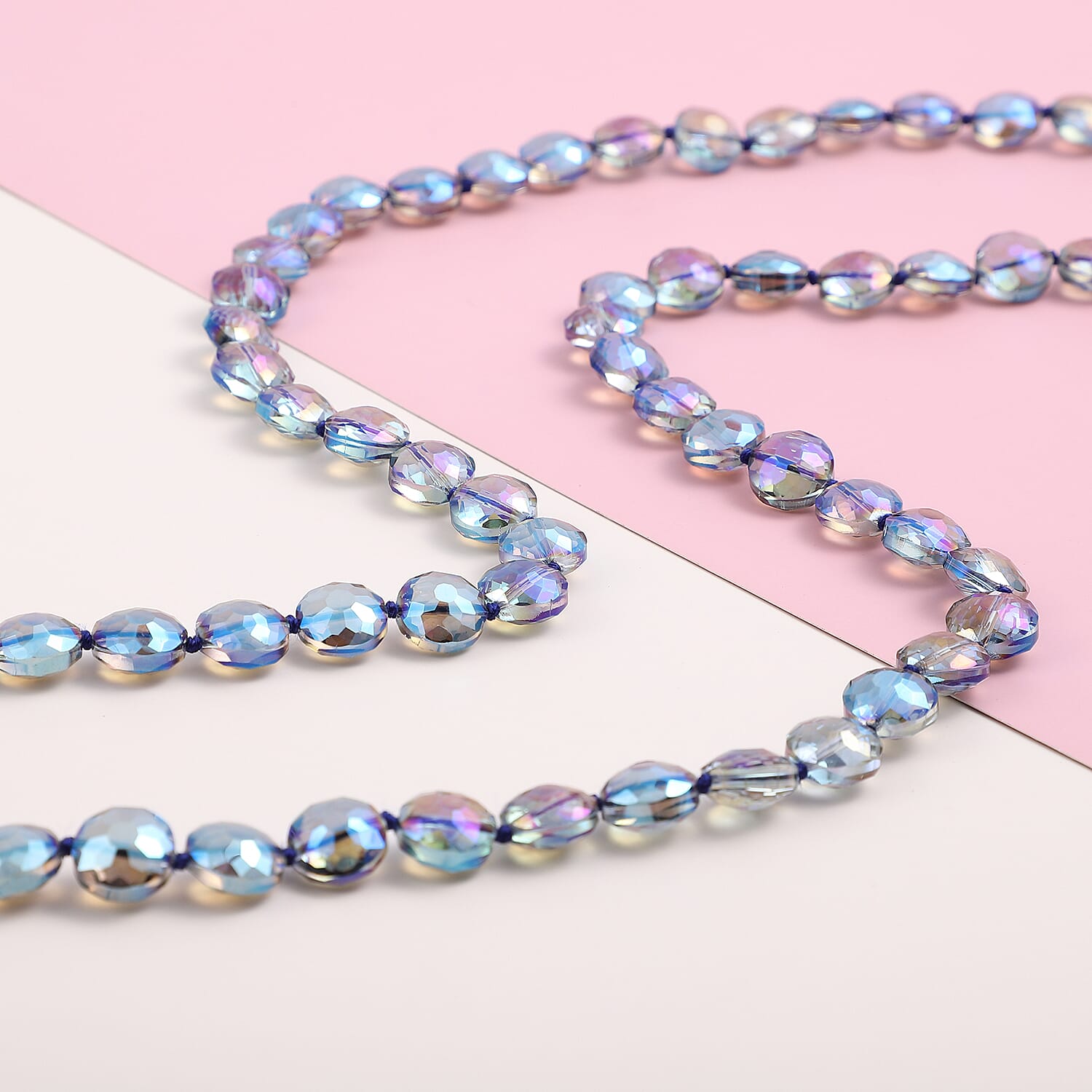 Simulated Blue Magic Color Topaz Beaded Necklace 36 Inches in Silvertone