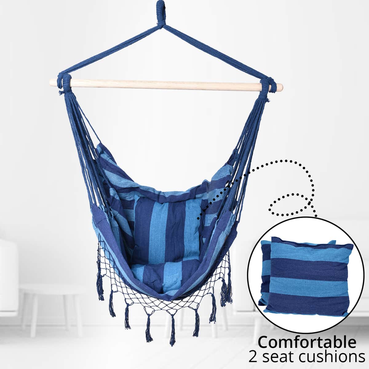 Blue Hanging Rope Hammock Chair with 2 Seat Cushions Included image number 1