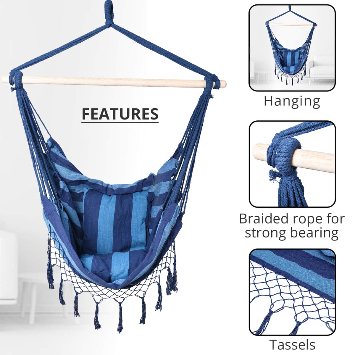 Blue Hanging Rope Hammock Chair with 2 Seat Cushions Included image number 2