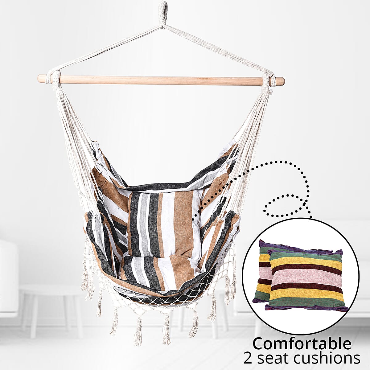 White Hanging Rope Hammock Chair with 2 Seat Cushions Included image number 1