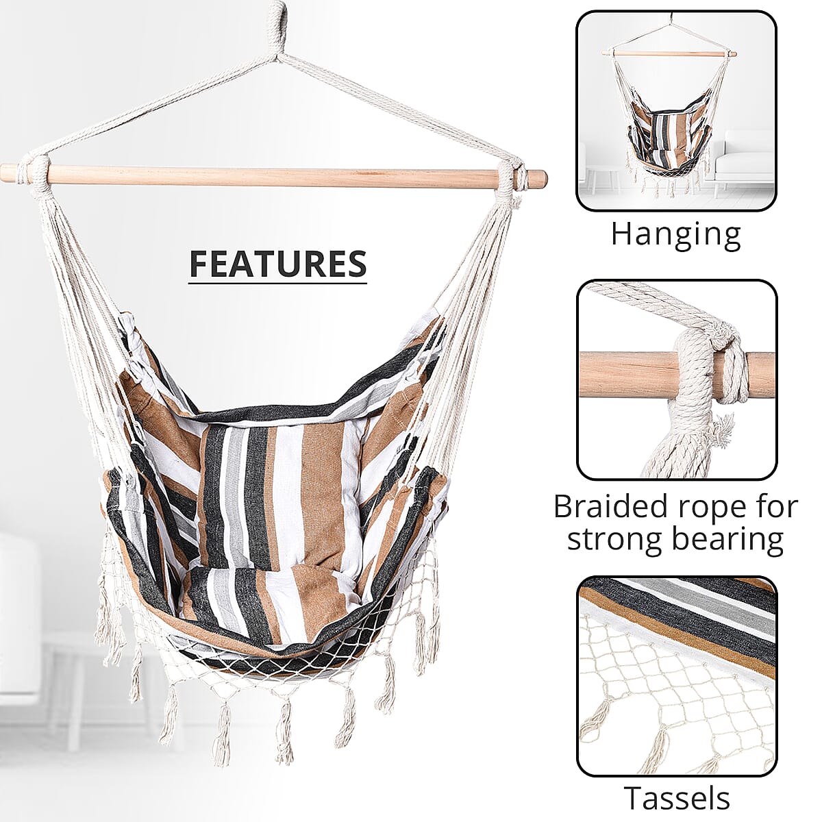 White Hanging Rope Hammock Chair with 2 Seat Cushions Included image number 2