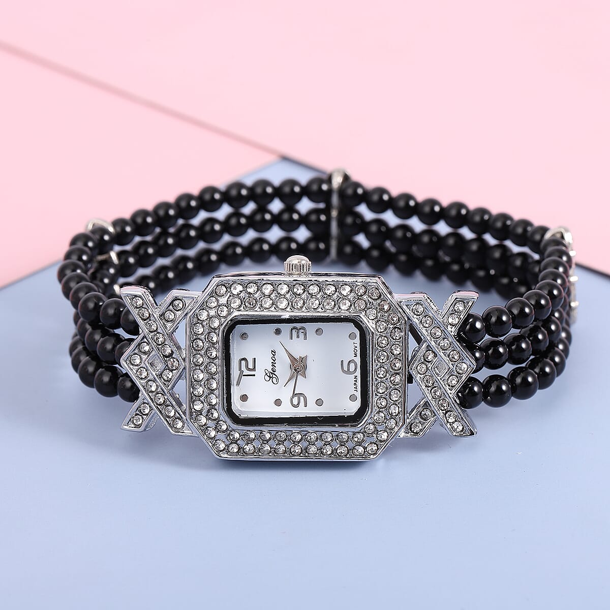 Genoa White Austrian Crystal Miyota Japanese Movement Enhanced Black Agate Triple-row Beaded Stretch Bracelet Watch 54.00 ctw image number 1