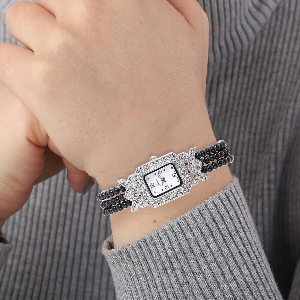 Genoa White Austrian Crystal Miyota Japanese Movement Enhanced Black Agate Triple-row Beaded Stretch Bracelet Watch 54.00 ctw image number 2