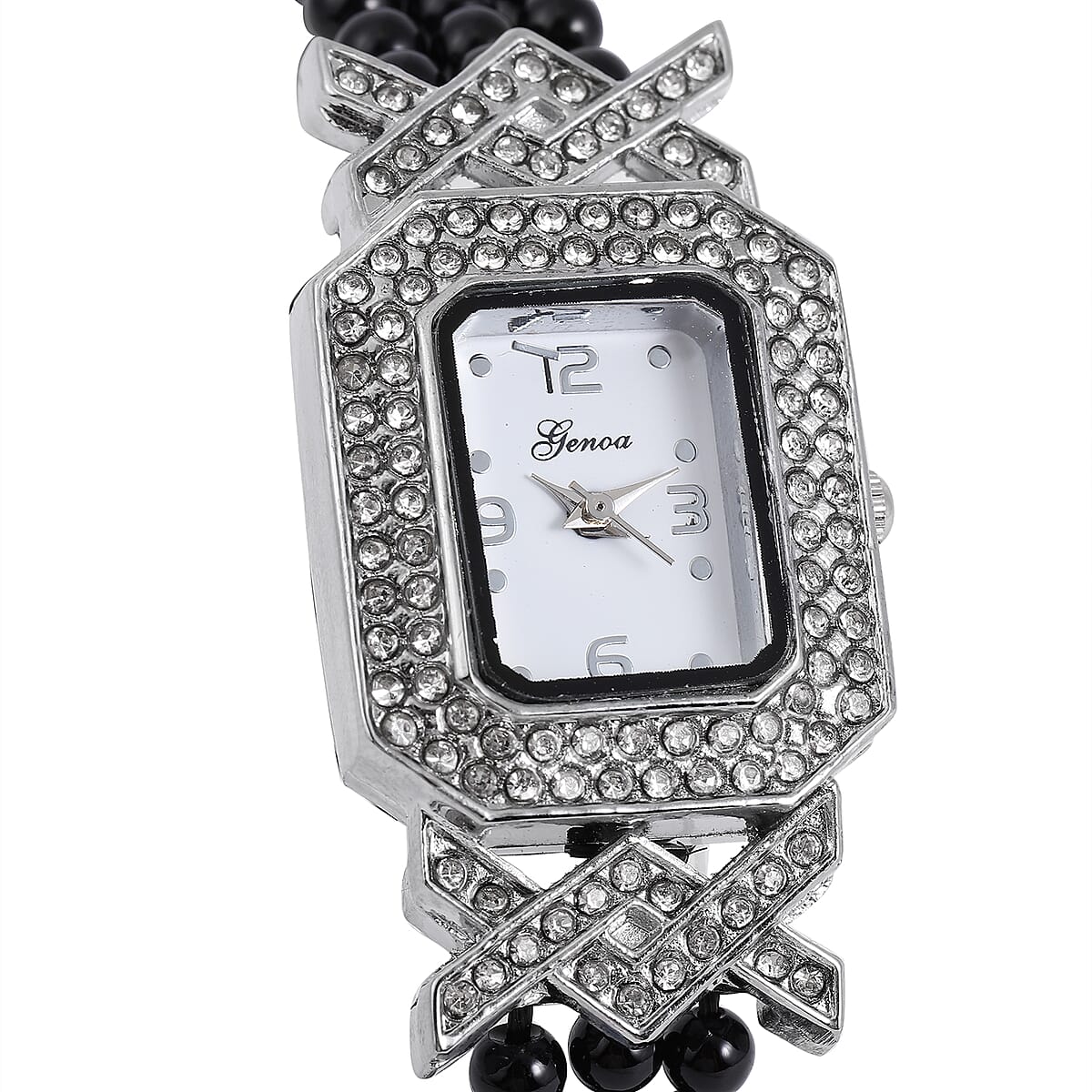 Genoa White Austrian Crystal Miyota Japanese Movement Enhanced Black Agate Triple-row Beaded Stretch Bracelet Watch 54.00 ctw image number 3