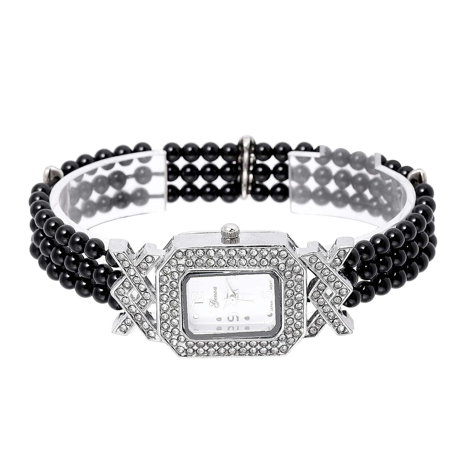 Genoa White Austrian Crystal Miyota Japanese Movement Enhanced Black Agate Triple-row Beaded Stretch Bracelet Watch 54.00 ctw