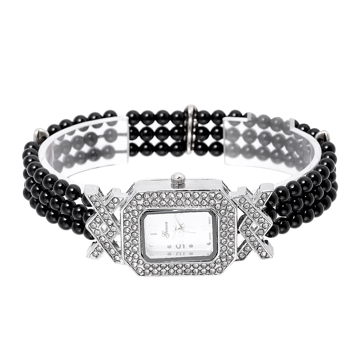 Genoa White Austrian Crystal Miyota Japanese Movement Enhanced Black Agate Triple-row Beaded Stretch Bracelet Watch 54.00 ctw image number 4