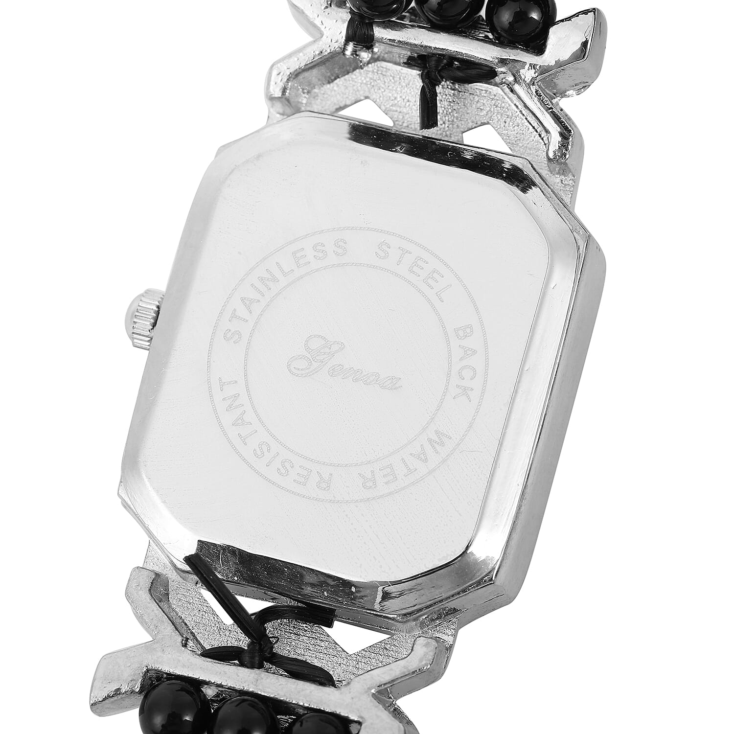 Genoa White Austrian Crystal Miyota Japanese Movement Enhanced Black Agate Triple-row Beaded Stretch Bracelet Watch 54.00 ctw