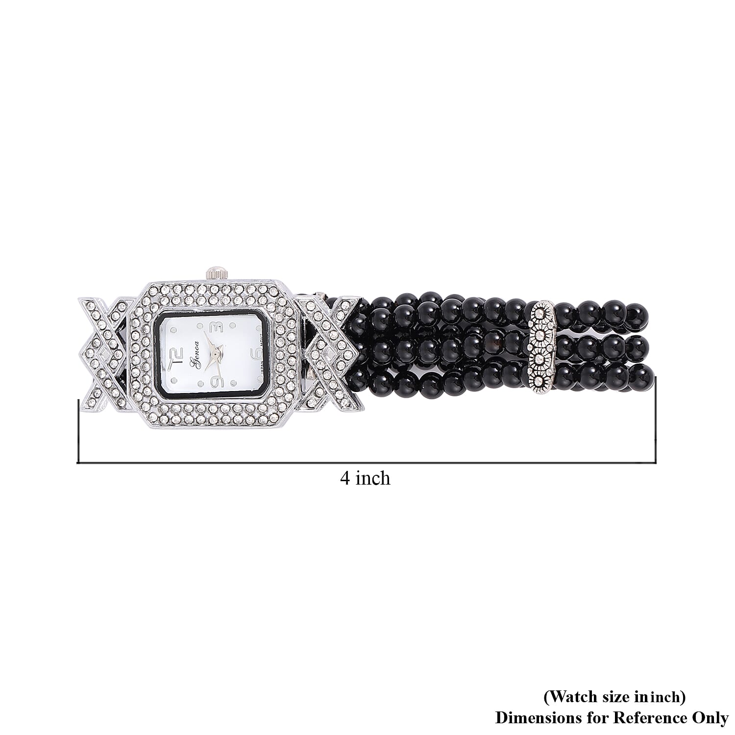 Genoa White Austrian Crystal Miyota Japanese Movement Enhanced Black Agate Triple-row Beaded Stretch Bracelet Watch 54.00 ctw