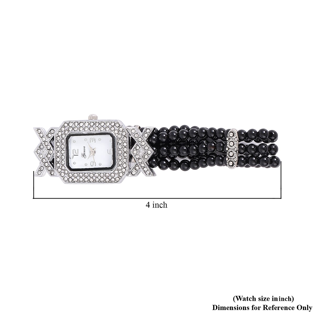 Genoa White Austrian Crystal Miyota Japanese Movement Enhanced Black Agate Triple-row Beaded Stretch Bracelet Watch 54.00 ctw image number 6