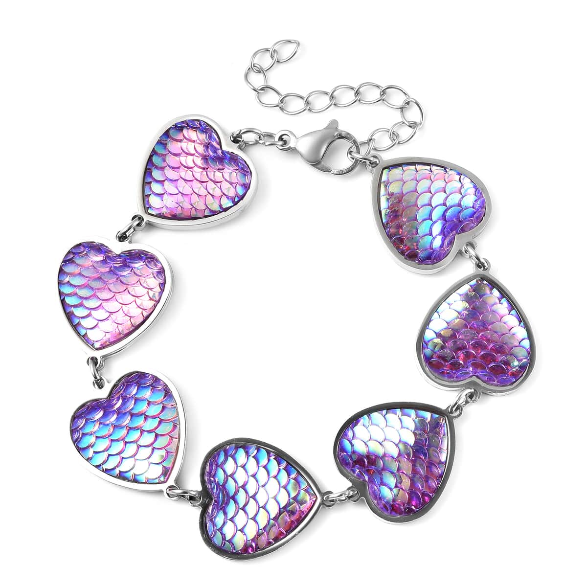 Simulated Pink Magic Color Topaz Diisco Ball Theme Heart Charm Station Bracelet in Stainless Steel (7.25 In) image number 0