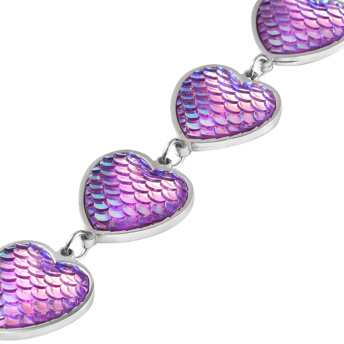 Simulated Pink Magic Color Topaz Diisco Ball Theme Heart Charm Station Bracelet in Stainless Steel (7.25 In) image number 3