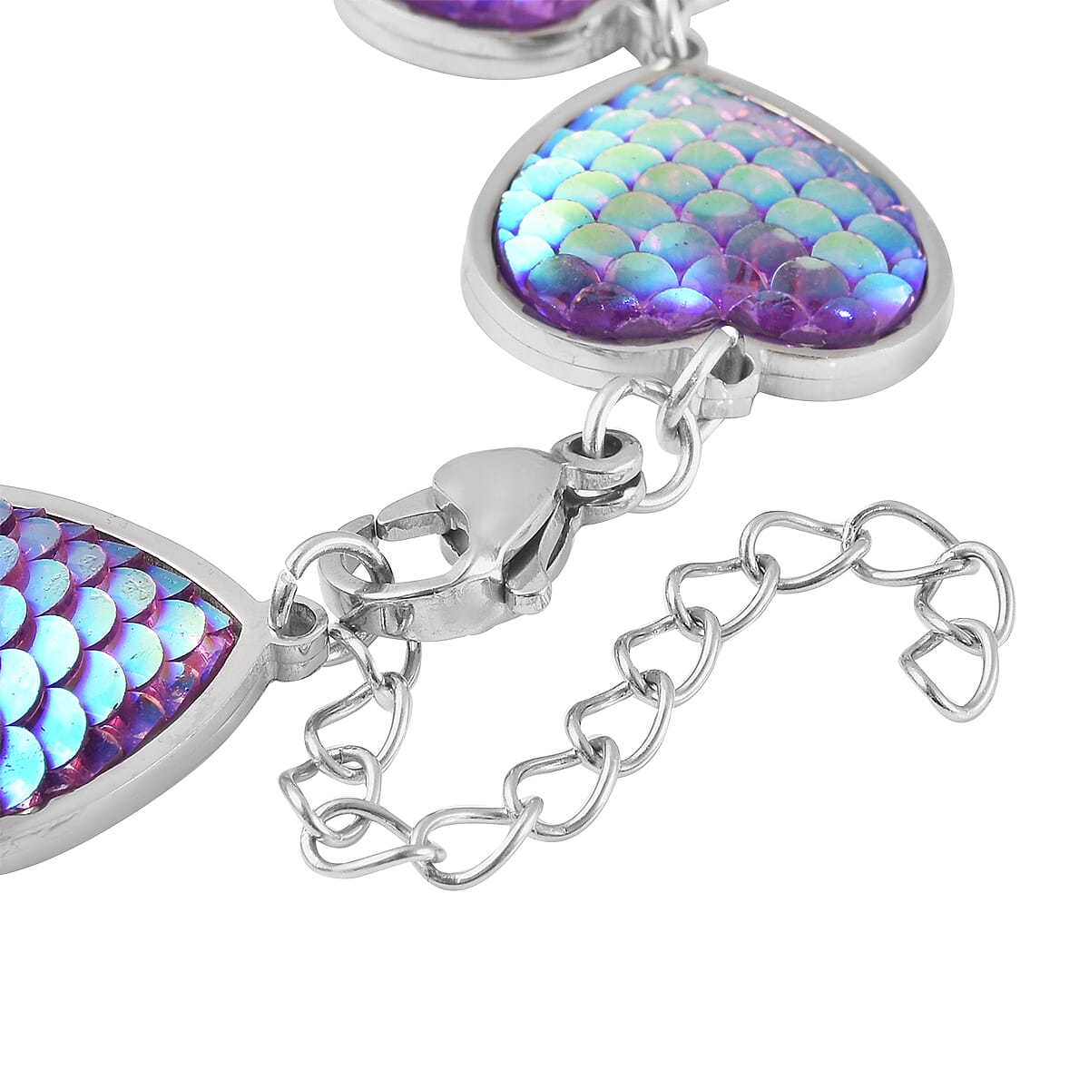 Simulated Purple Magic Color Topaz Disco Ball Theme Heart Charm Station Bracelet in Stainless Steel (7.25-9.25In)