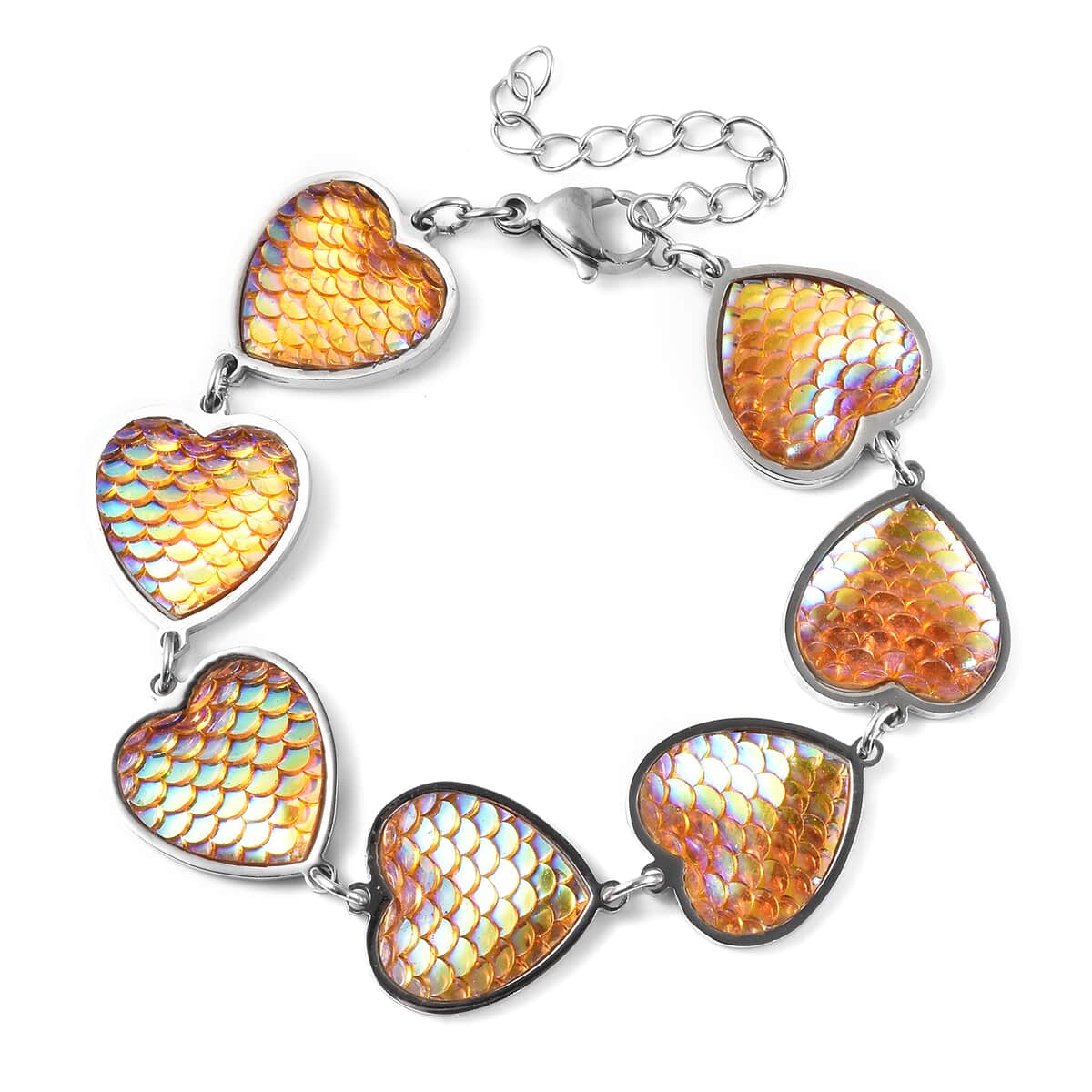 Simulated Yellow Magic Color Topaz Disco Ball Theme Heart Charm Station Bracelet in Stainless Steel (7.25-9.25In) image number 0