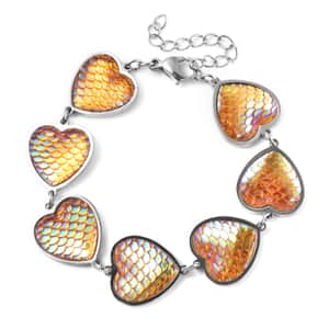 Simulated Yellow Magic Color Topaz Disco Ball Theme Heart Charm Station Bracelet in Stainless Steel (7.25-9.25In)