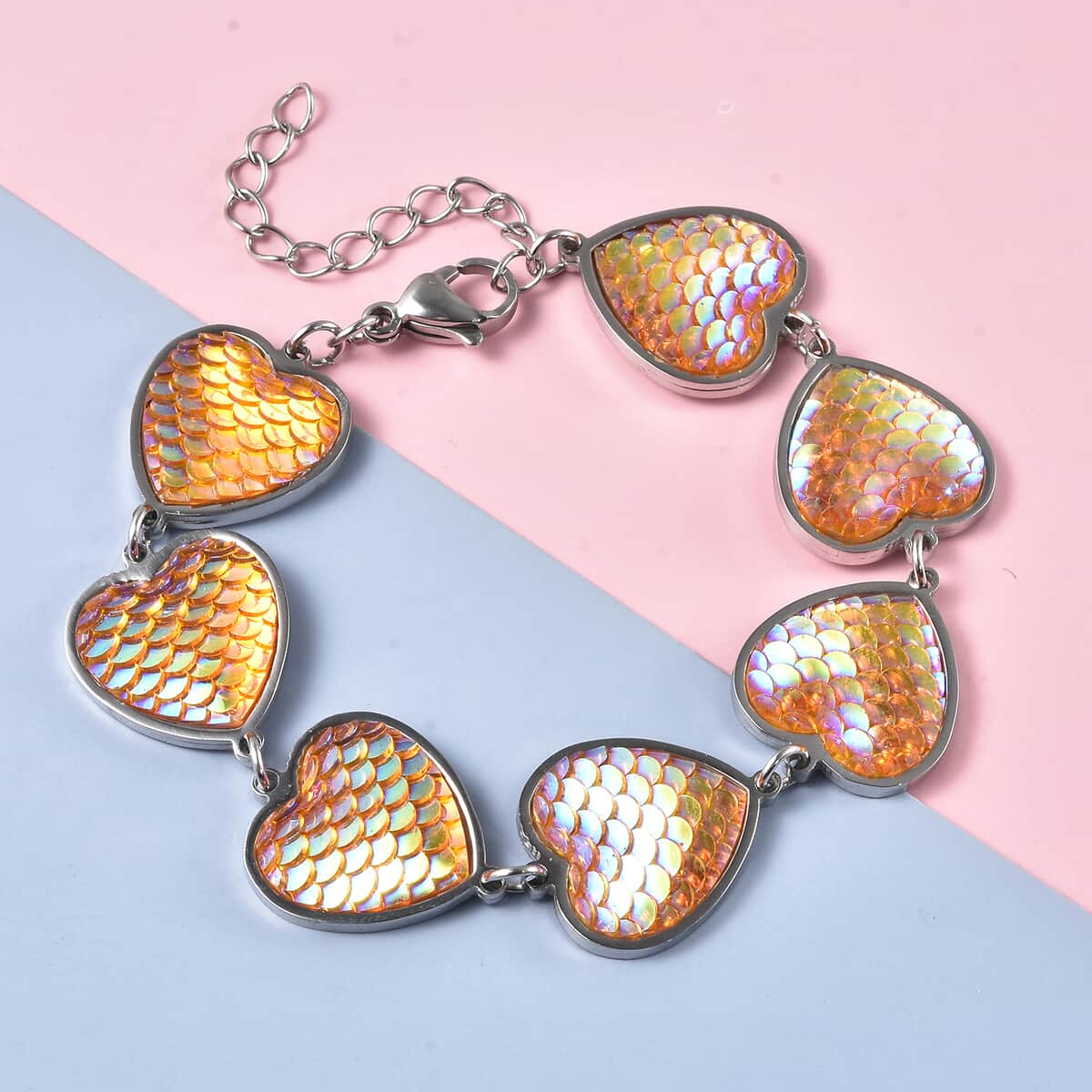Simulated Yellow Magic Color Topaz Disco Ball Theme Heart Charm Station Bracelet in Stainless Steel (7.25-9.25In) image number 1