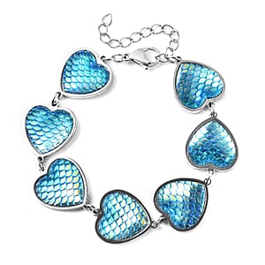 Simulated Blue Magic Color Topaz Disco Ball Theme Heart Charm Station Bracelet in Stainless Steel (7.25-9.25In)