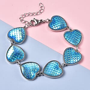 Simulated Blue Magic Color Topaz Disco Ball Theme Heart Charm Station Bracelet in Stainless Steel (7.25-9.25In)