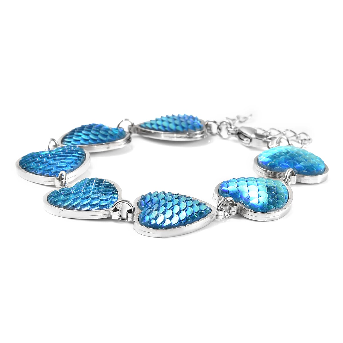 Simulated Blue Magic Color Topaz Disco Ball Theme Heart Charm Station Bracelet in Stainless Steel (7.25-9.25In) image number 2