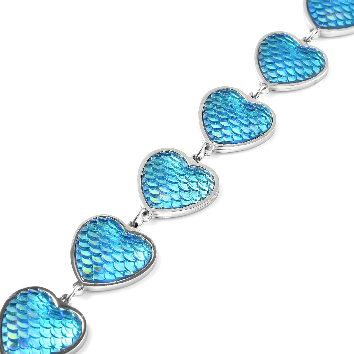 Simulated Blue Magic Color Topaz Disco Ball Theme Heart Charm Station Bracelet in Stainless Steel (7.25-9.25In) image number 3