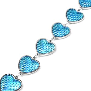 Simulated Blue Magic Color Topaz Disco Ball Theme Heart Charm Station Bracelet in Stainless Steel (7.25-9.25In)