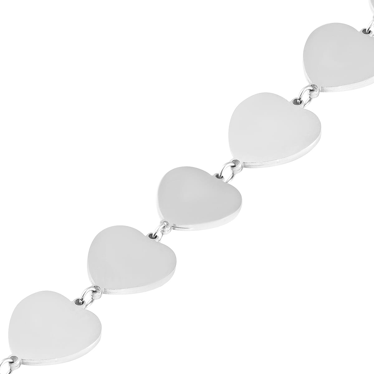 Simulated Blue Magic Color Topaz Disco Ball Theme Heart Charm Station Bracelet in Stainless Steel (7.25-9.25In) image number 4