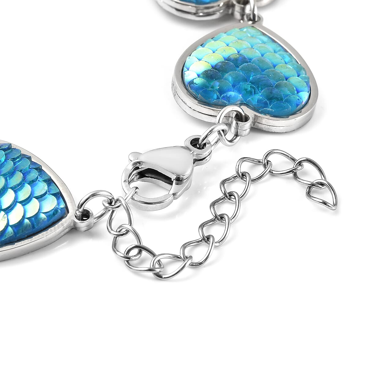 Simulated Blue Magic Color Topaz Disco Ball Theme Heart Charm Station Bracelet in Stainless Steel (7.25-9.25In) image number 5