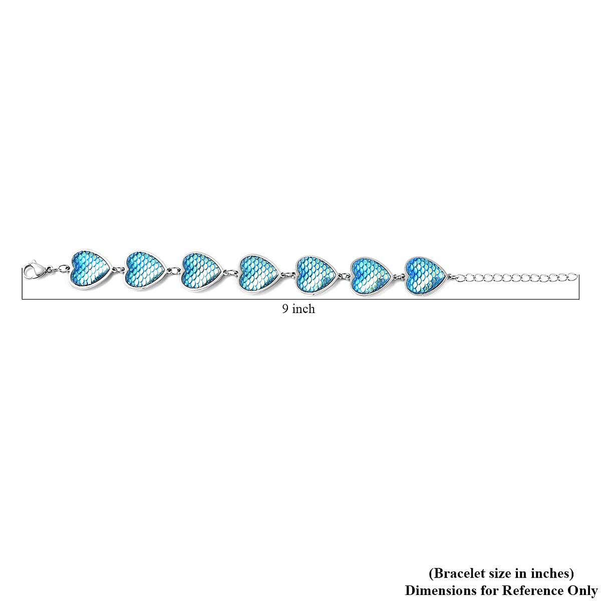 Simulated Blue Magic Color Topaz Disco Ball Theme Heart Charm Station Bracelet in Stainless Steel (7.25-9.25In) image number 6