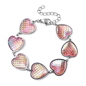 Simulated Pink Magic Color Topaz Disco Ball Theme Heart Charm Station Bracelet in Stainless Steel (7.25-9.25In)
