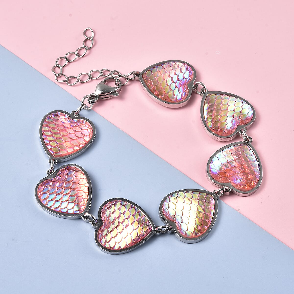 Simulated Pink Magic Color Topaz Disco Ball Theme Heart Charm Station Bracelet in Stainless Steel (7.25-9.25In) image number 1