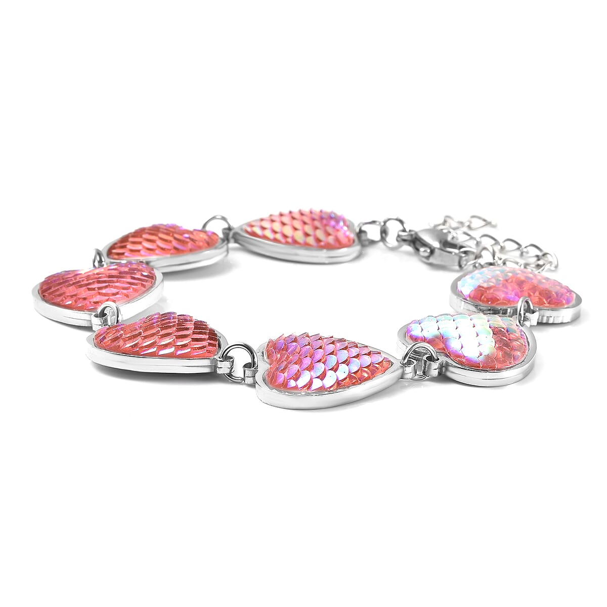 Simulated Pink Magic Color Topaz Disco Ball Theme Heart Charm Station Bracelet in Stainless Steel (7.25-9.25In) image number 2