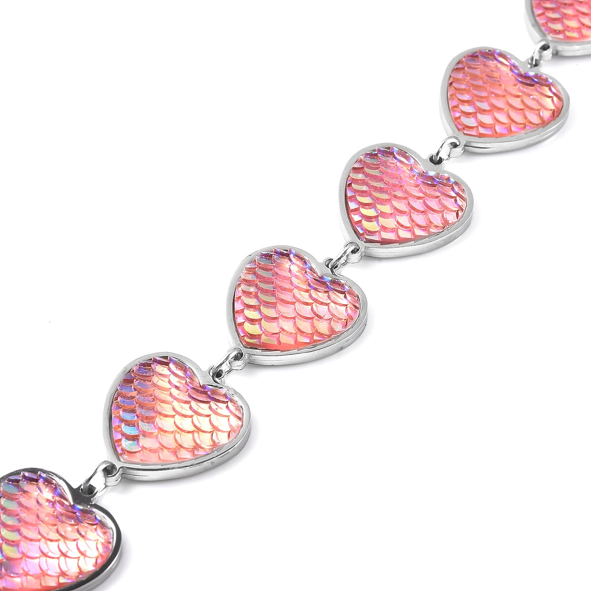 Simulated Pink Magic Color Topaz Disco Ball Theme Heart Charm Station Bracelet in Stainless Steel (7.25-9.25In) image number 3