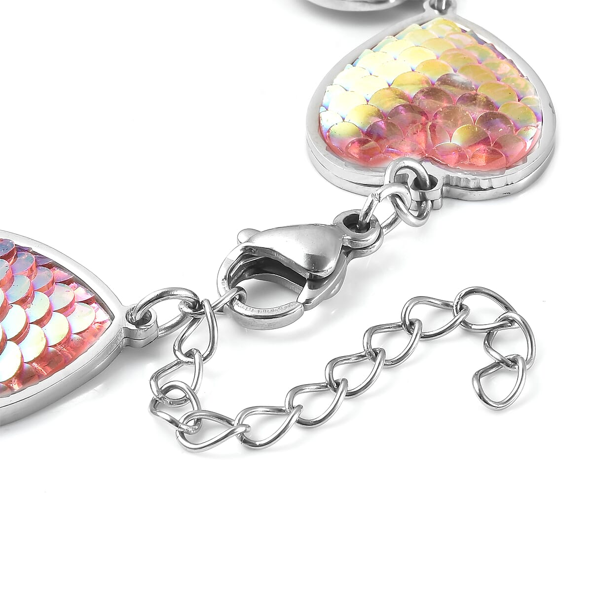 Simulated Pink Magic Color Topaz Disco Ball Theme Heart Charm Station Bracelet in Stainless Steel (7.25-9.25In) image number 5