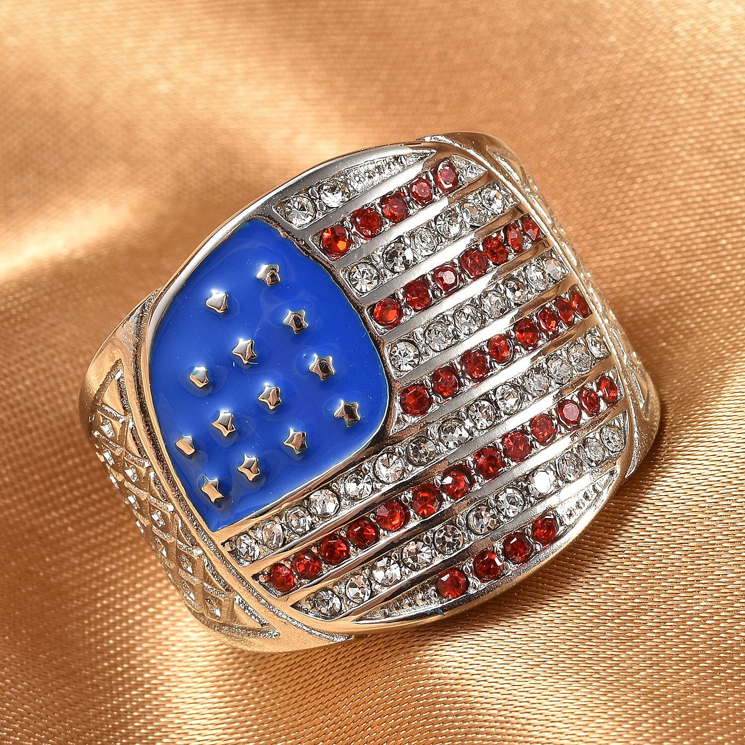 Red and White Austrian Crystal American National Flag Pattern Ring in Stainless Steel (Size 10.0)