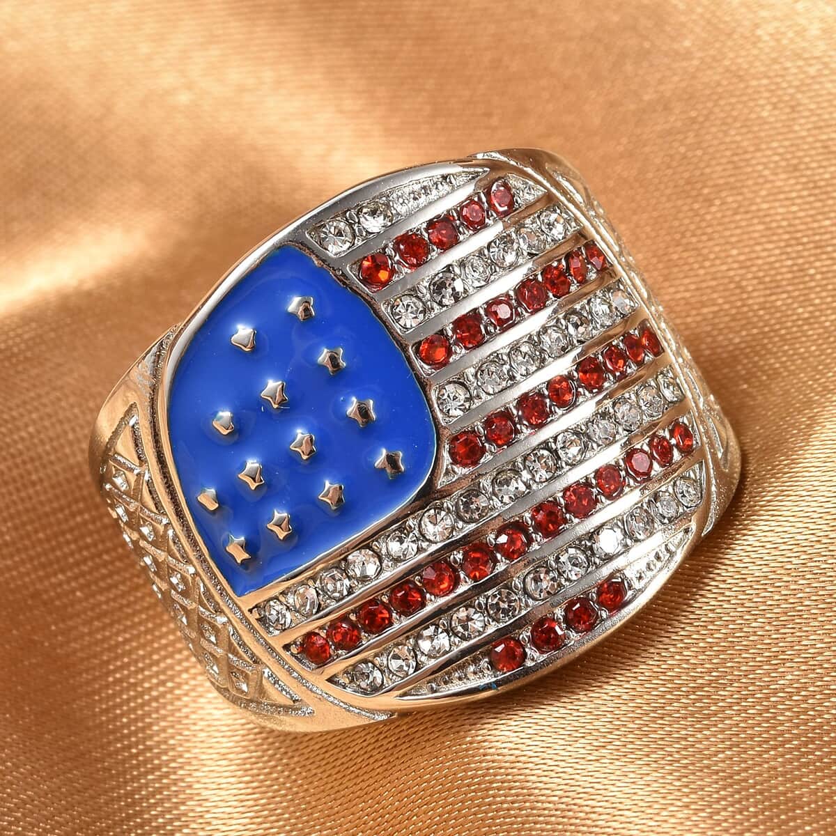 Red and White Austrian Crystal American National Flag Pattern Ring in Stainless Steel (Size 10.0) image number 1